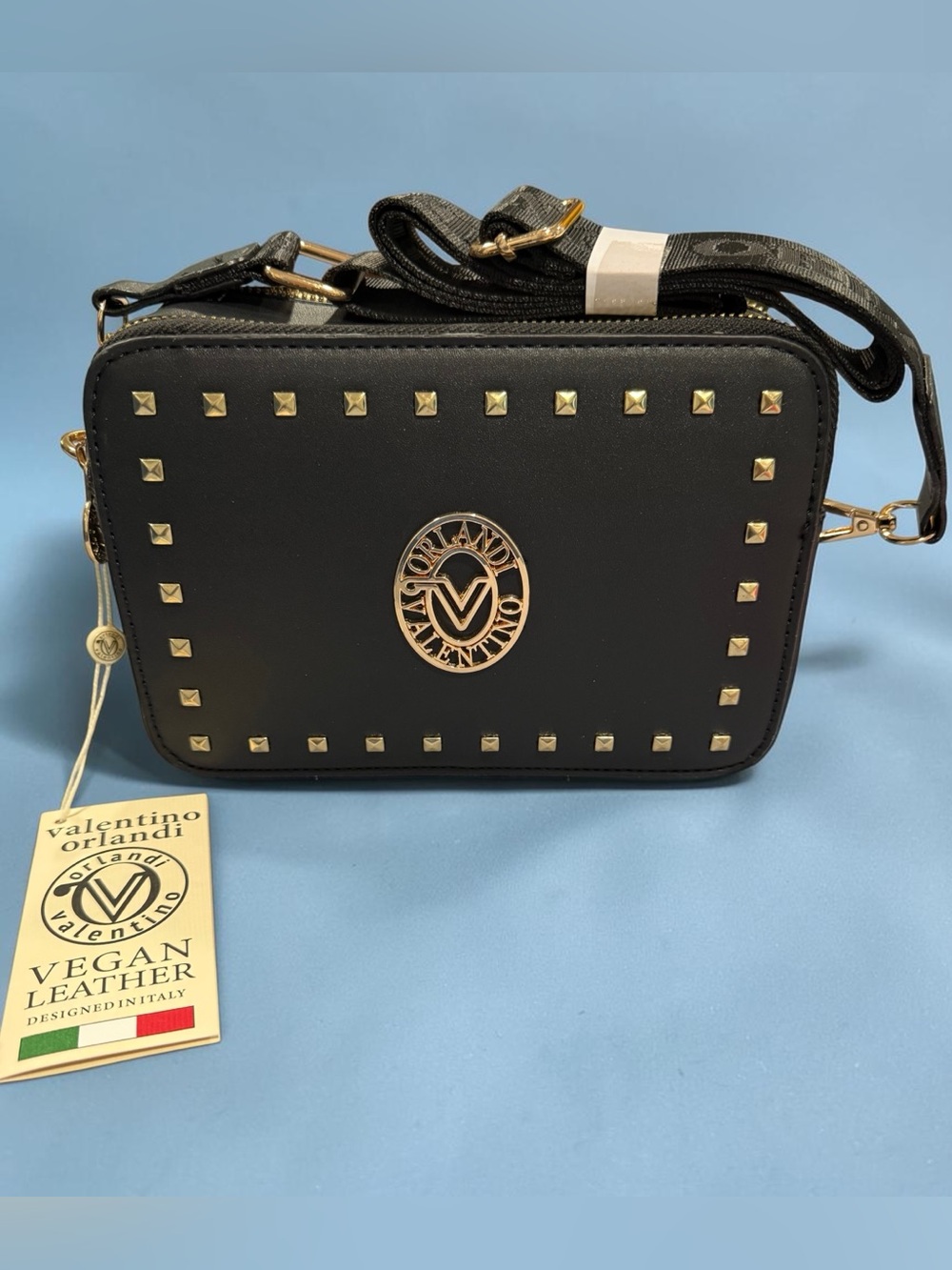 Valentino Black Crossbody with Gold Logo and Studded Detailing